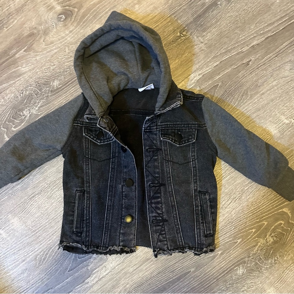 Olive & Scout Toddler Boy Stylish Denim Jacket with Gray Hoodie